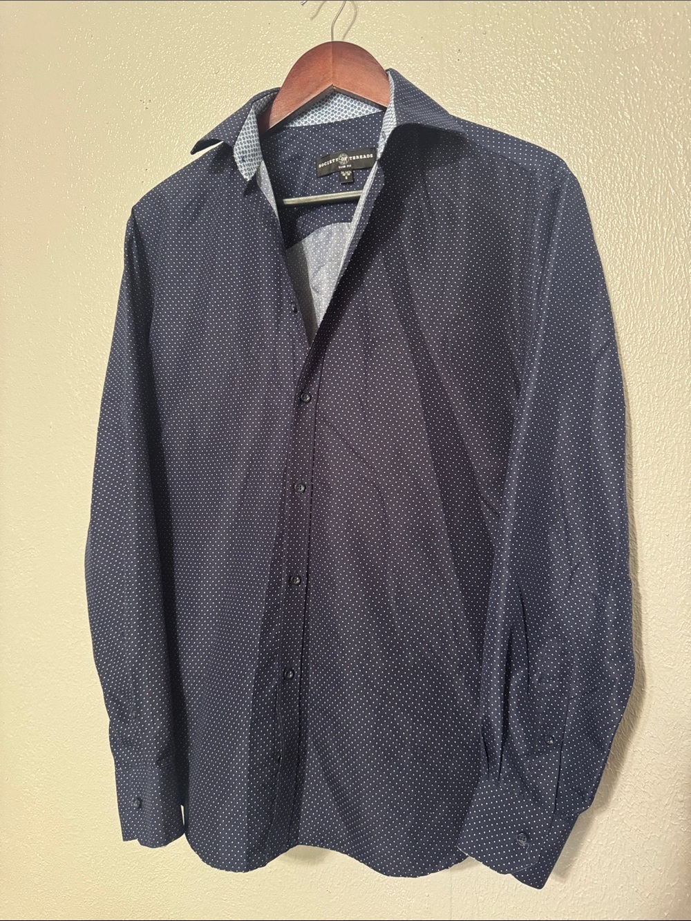 Society of Threads Navy Dot Stretch Non Iron Dress Shirt 14-14.5 Small